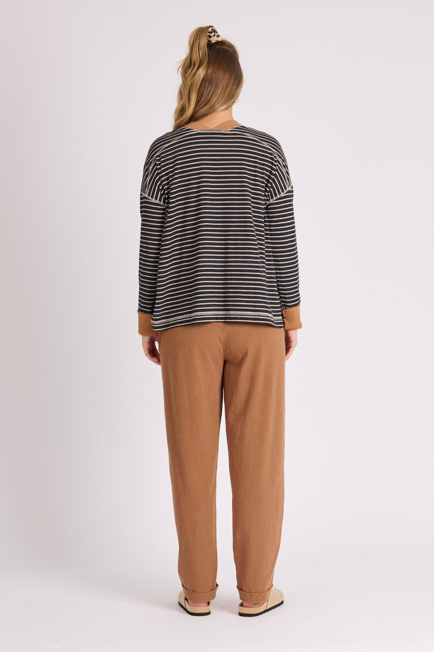 One Ten Willow Step Hem Panel Detail Top Black & Ecru Stripe