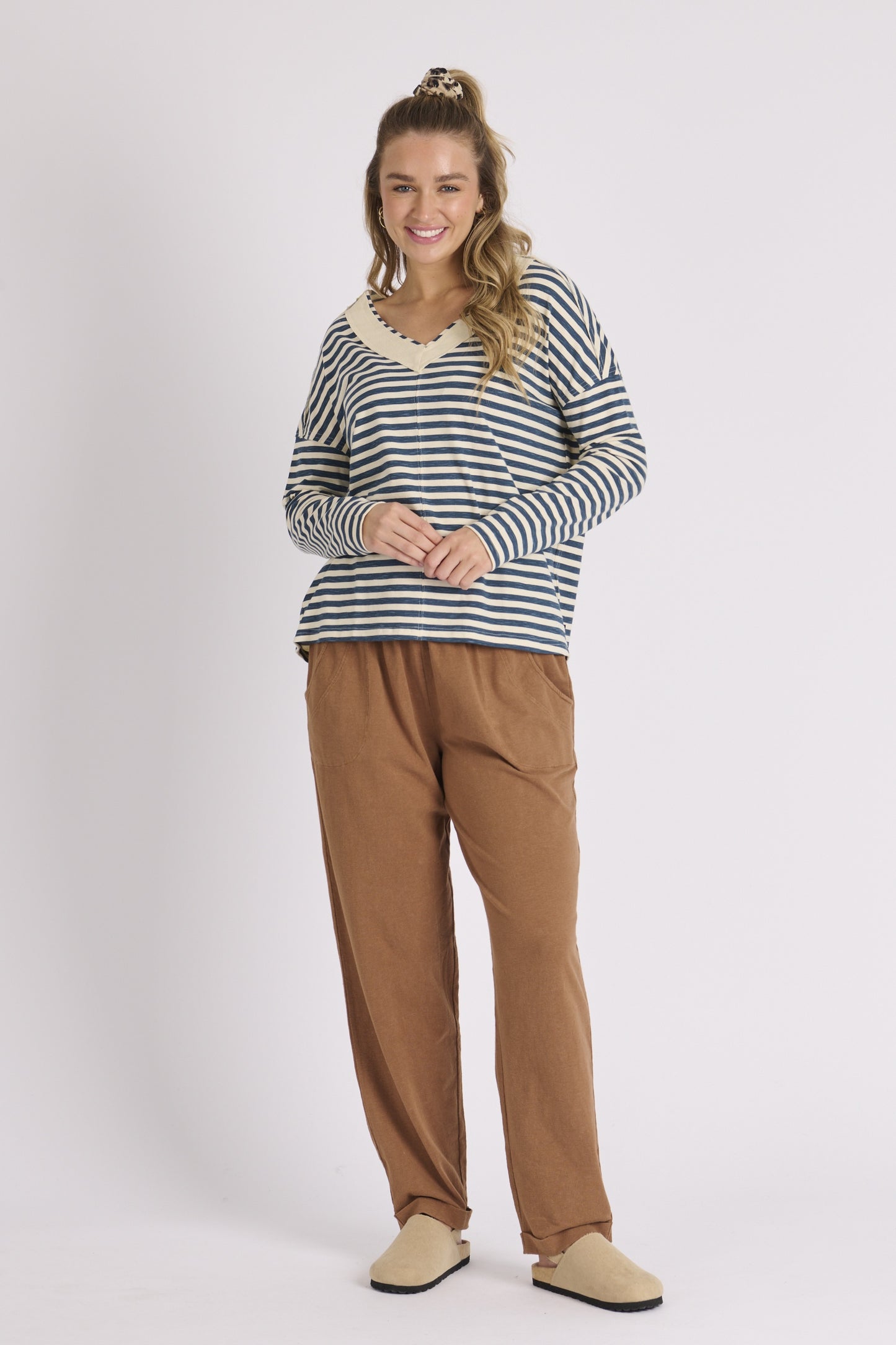 One Ten Willow V Neck Seam Front Top Blue Stripe