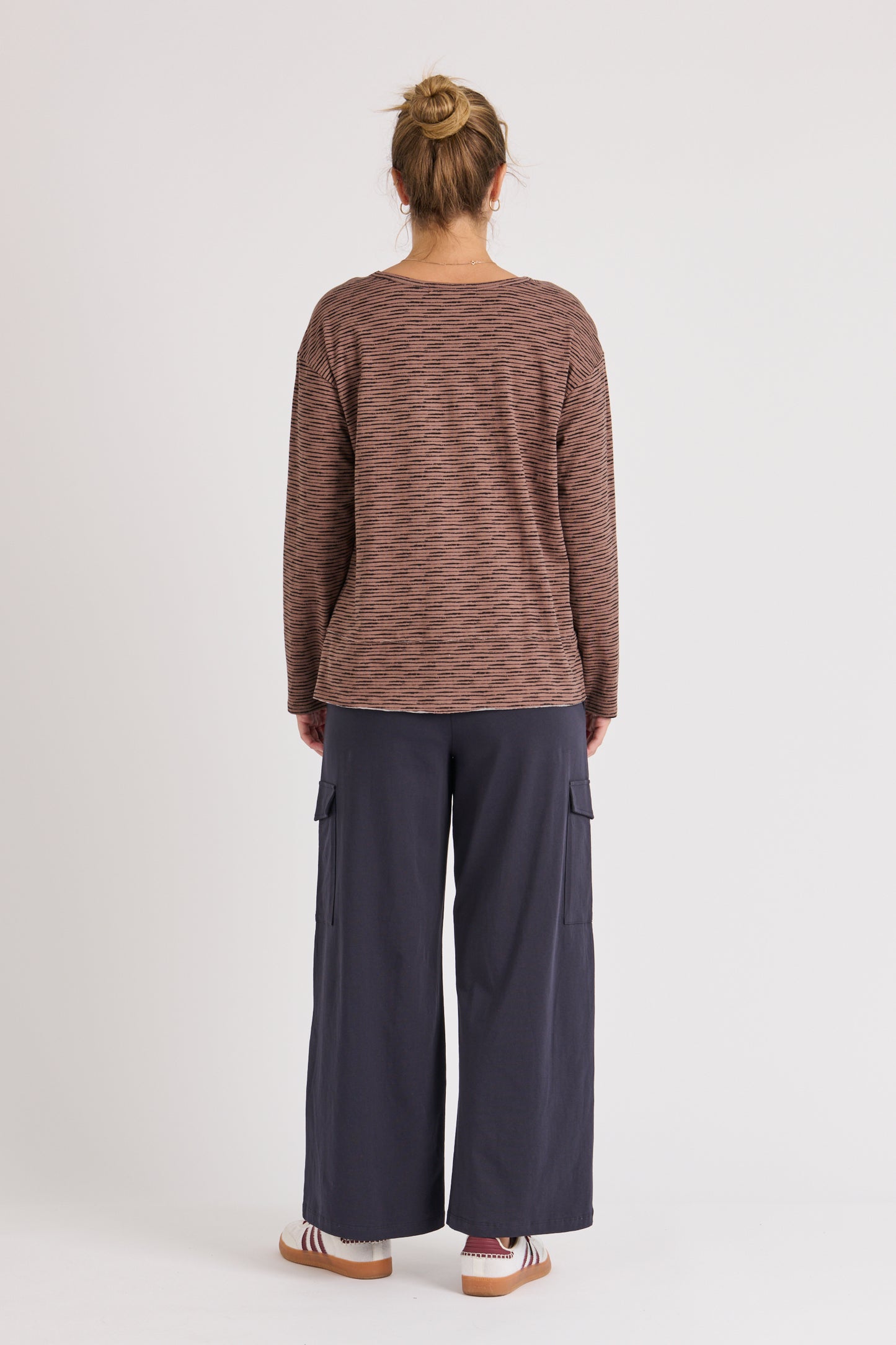 One Ten Willow Panel Hem Detail Top Chocolate Stripe