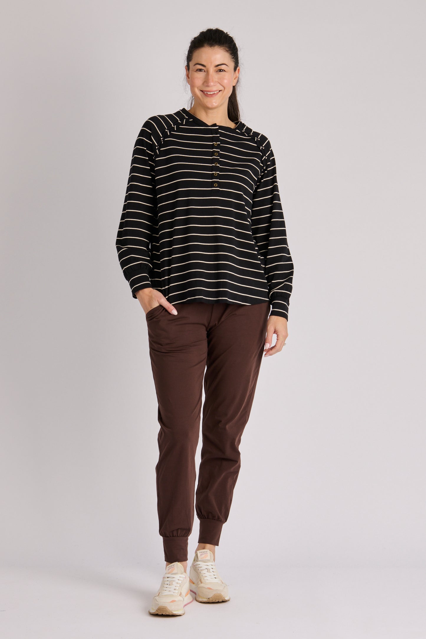 onetenwillow Relaxed Henley Long Sleeve Tee - Black/Ecru Stripe