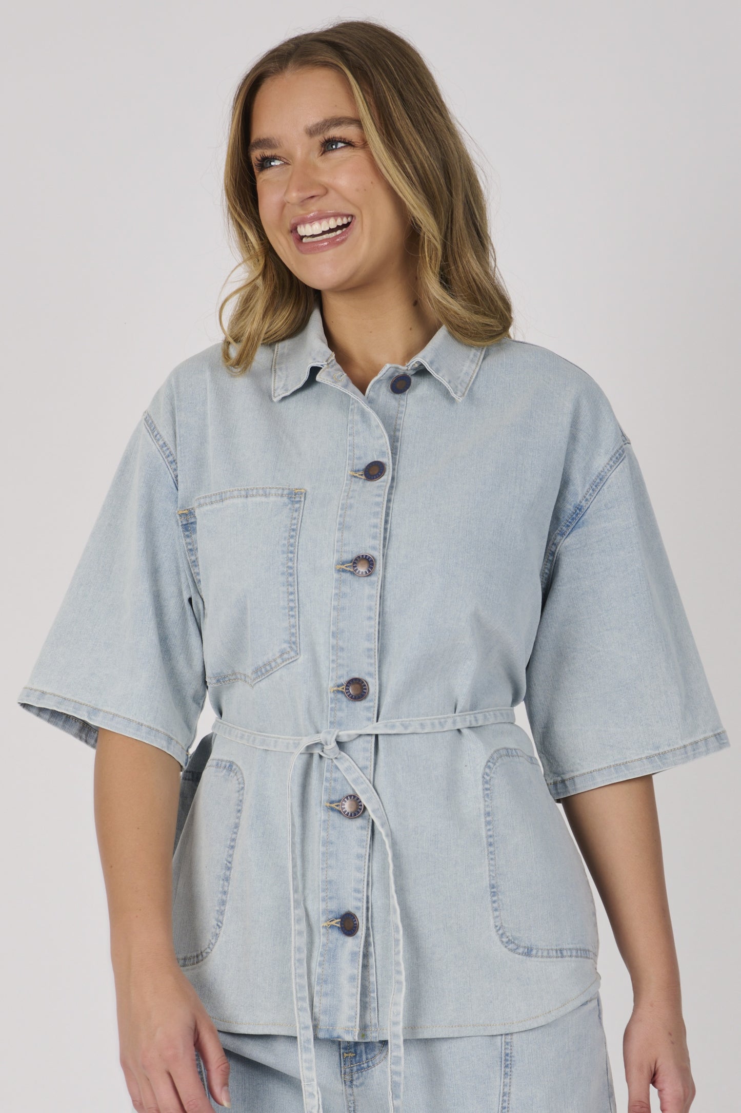 One Ten Willow Tie Detail Shirt Light Blue