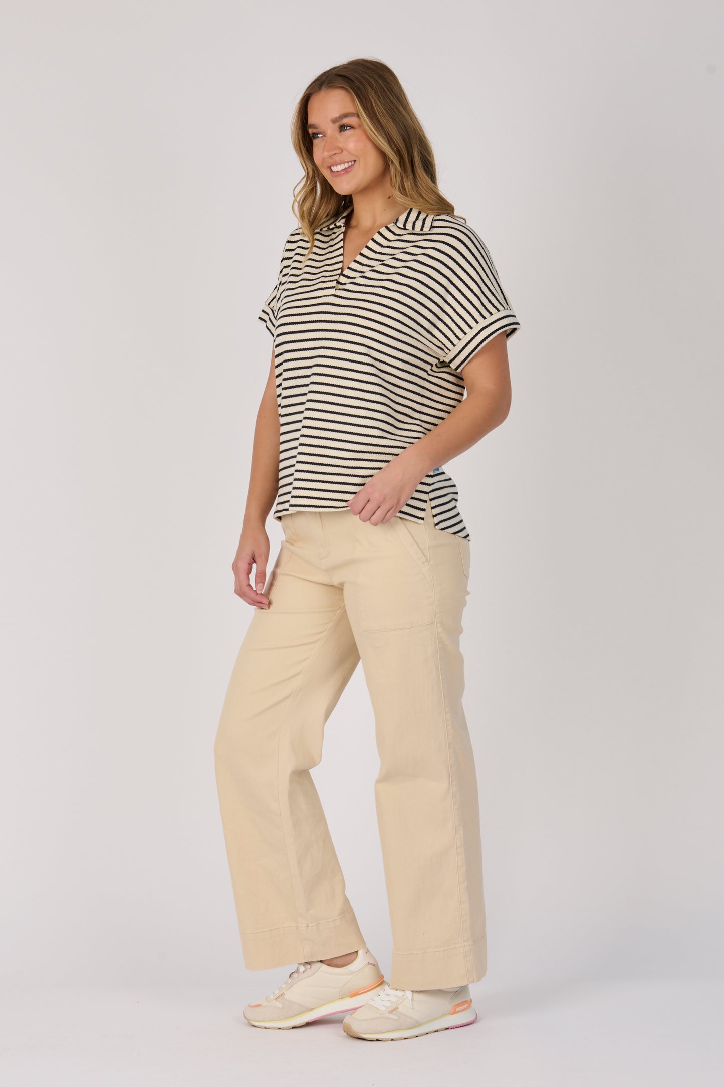 One Ten Willow Collared Relaxed Tee- Black Ecru Stripe
