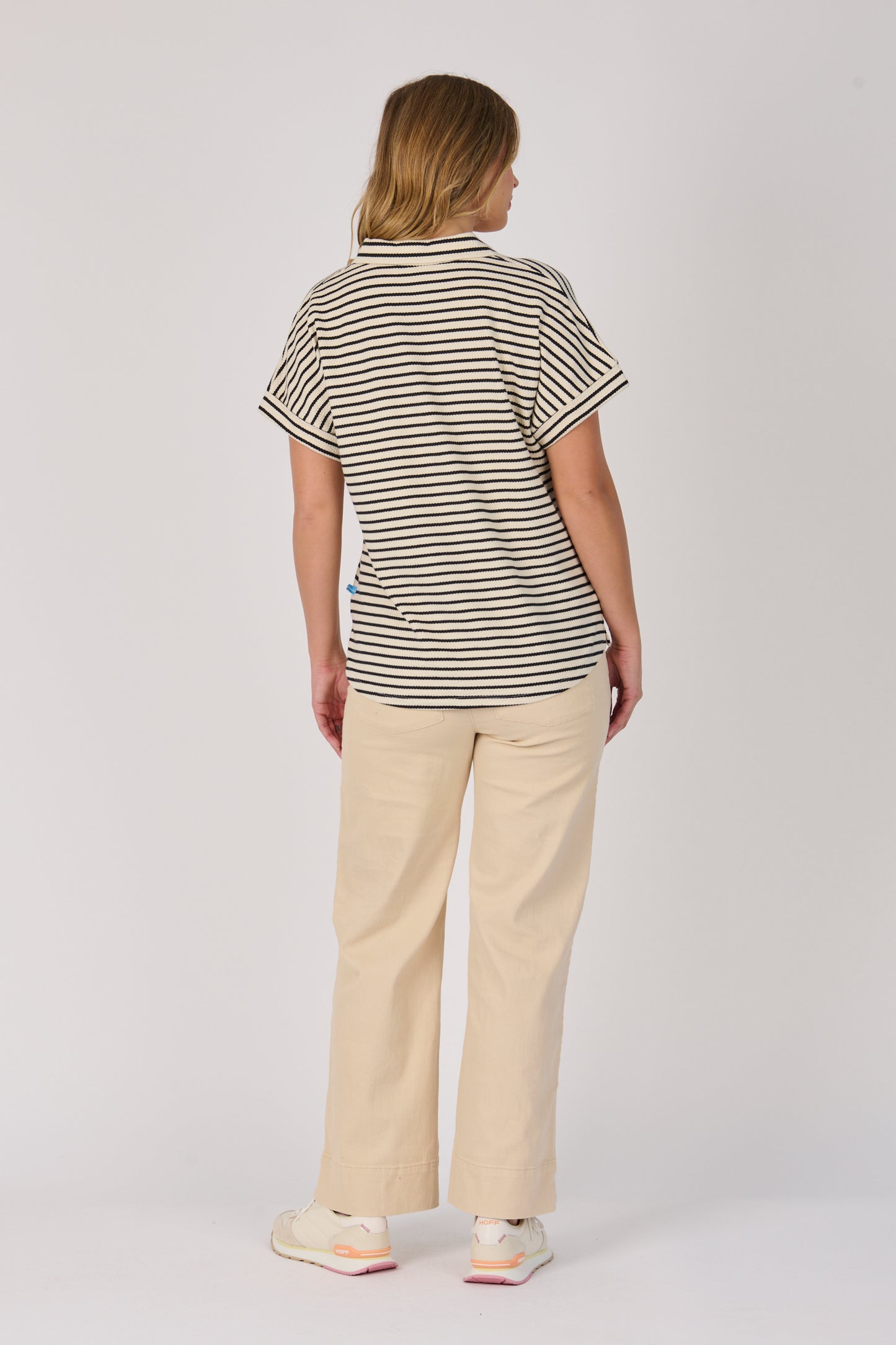 One Ten Willow Collared Relaxed Tee- Black Ecru Stripe