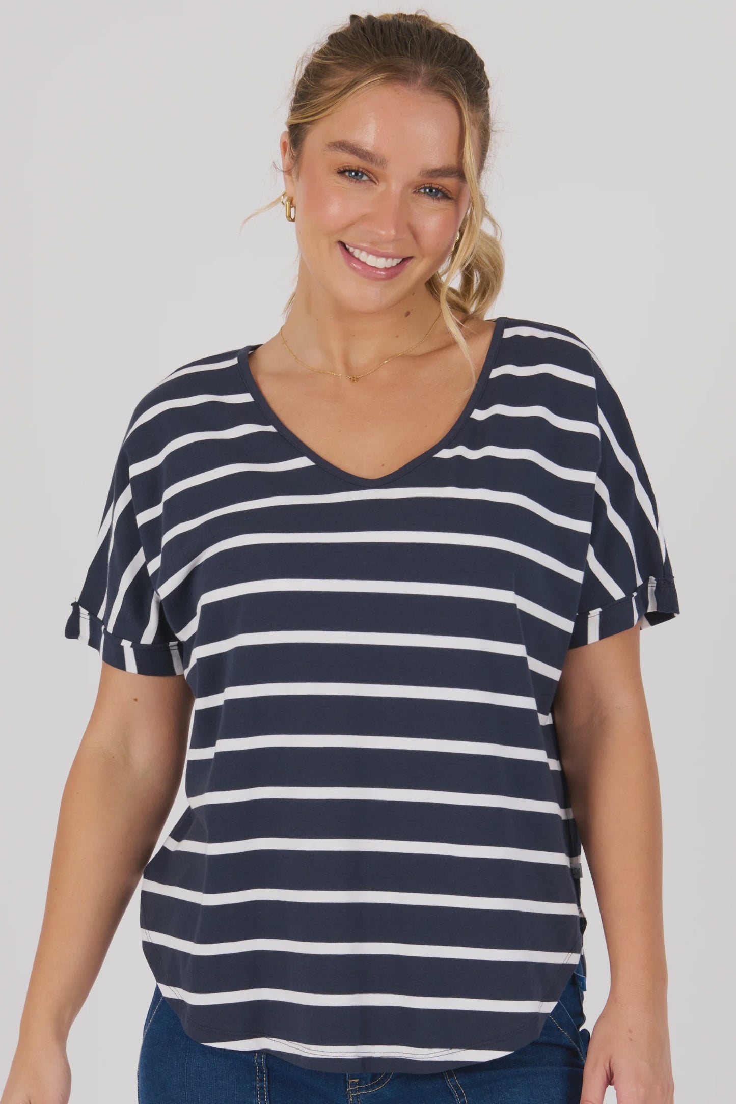 One Ten Willow V-Neck Curve Hem Tee Navy/White Stripe