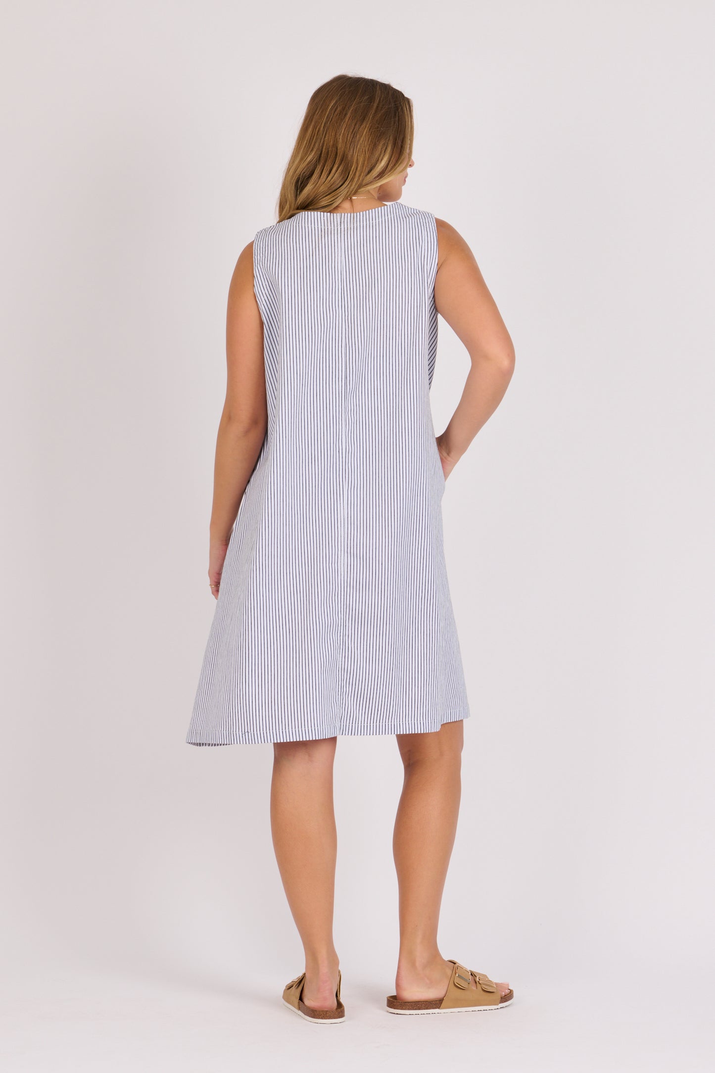 onetenwillow Button Through Sleeveless Dress - Blue Stripe