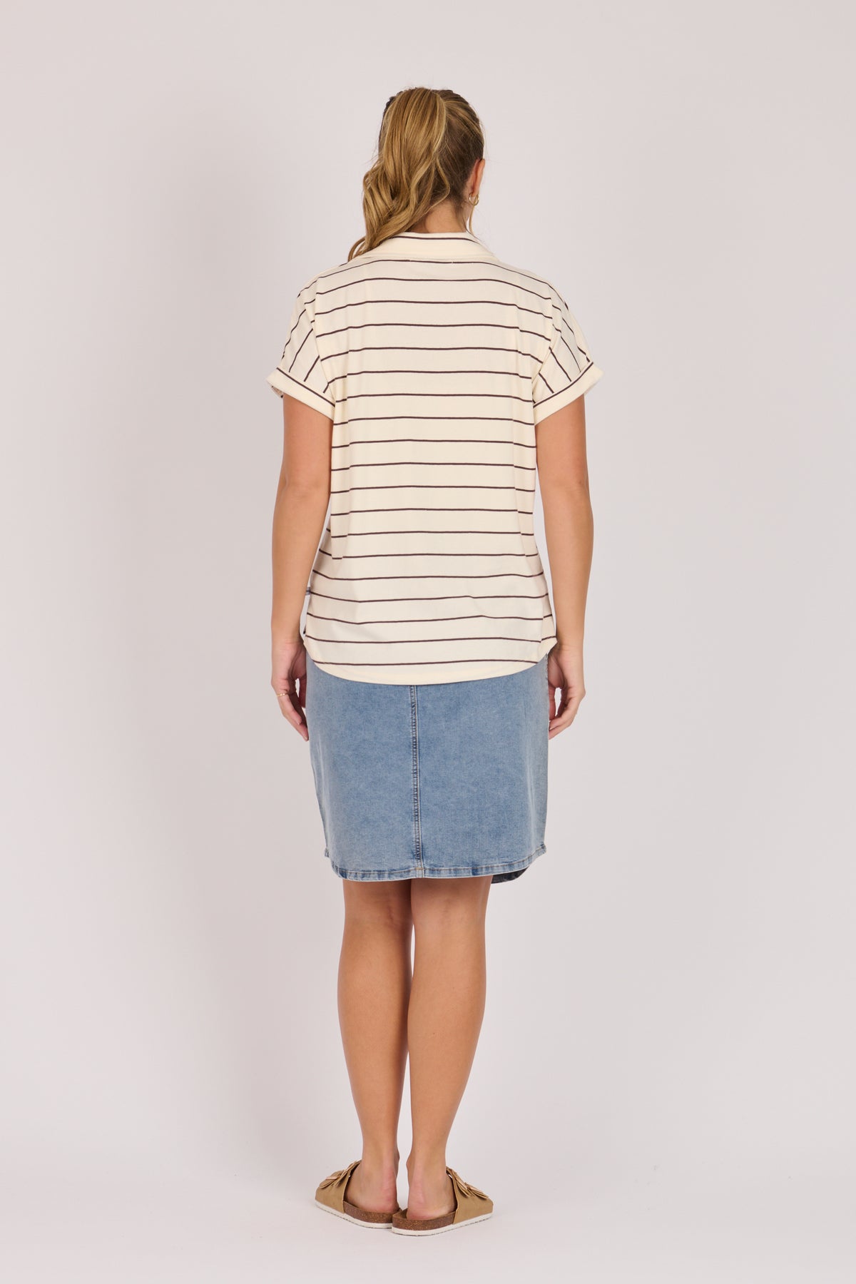 onetenwillow Collared Tee - Ecru/Choc Stripe