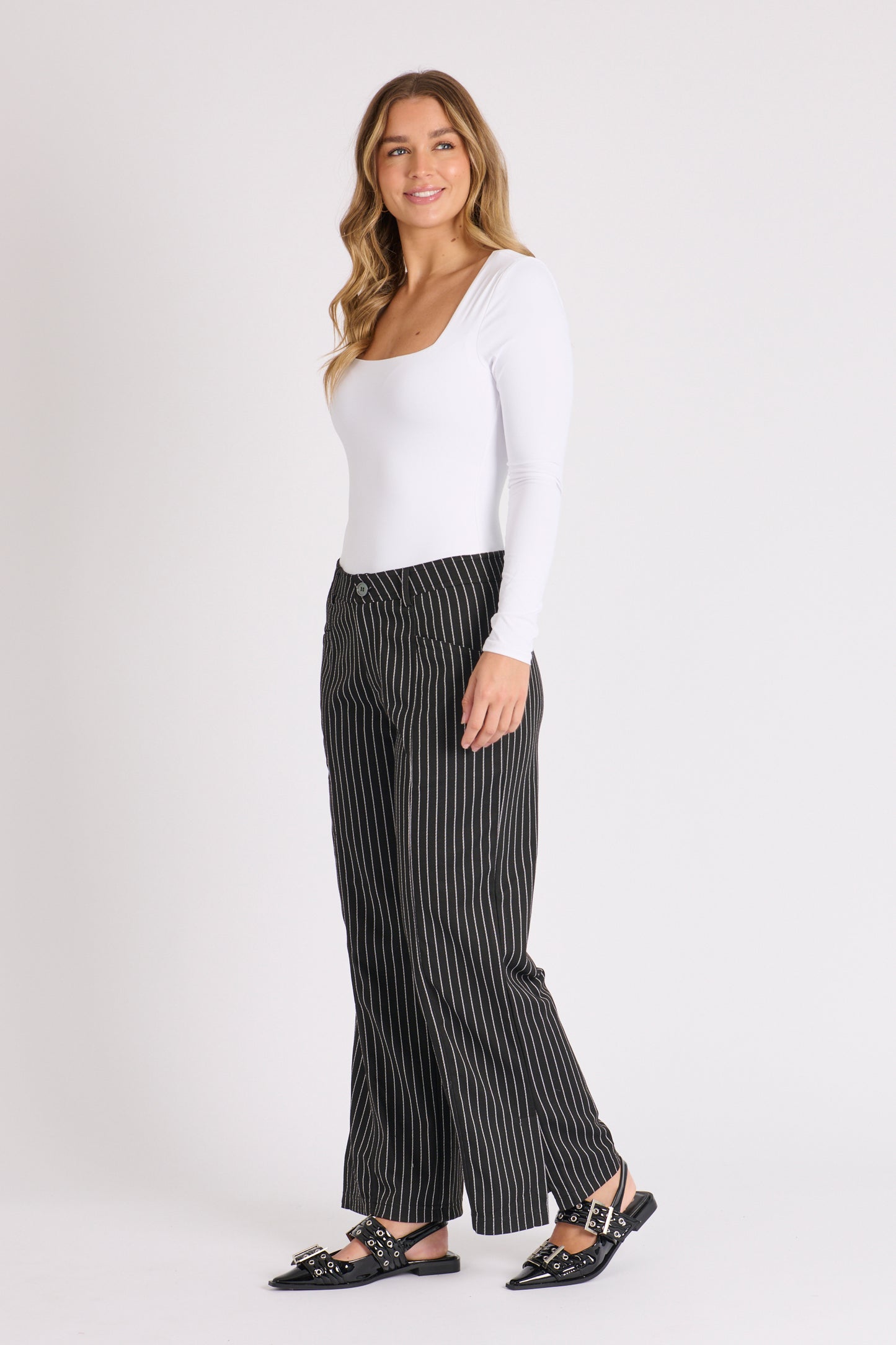 Ellis & Dewey Side Split Pant Charcoal Stripe