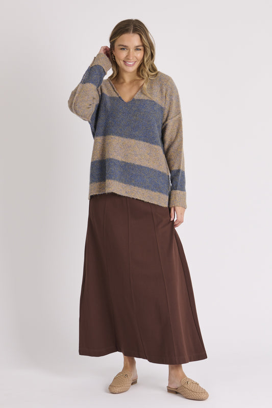 Ellis & Dewey V Neck Side Split Jumper Blue Stripe