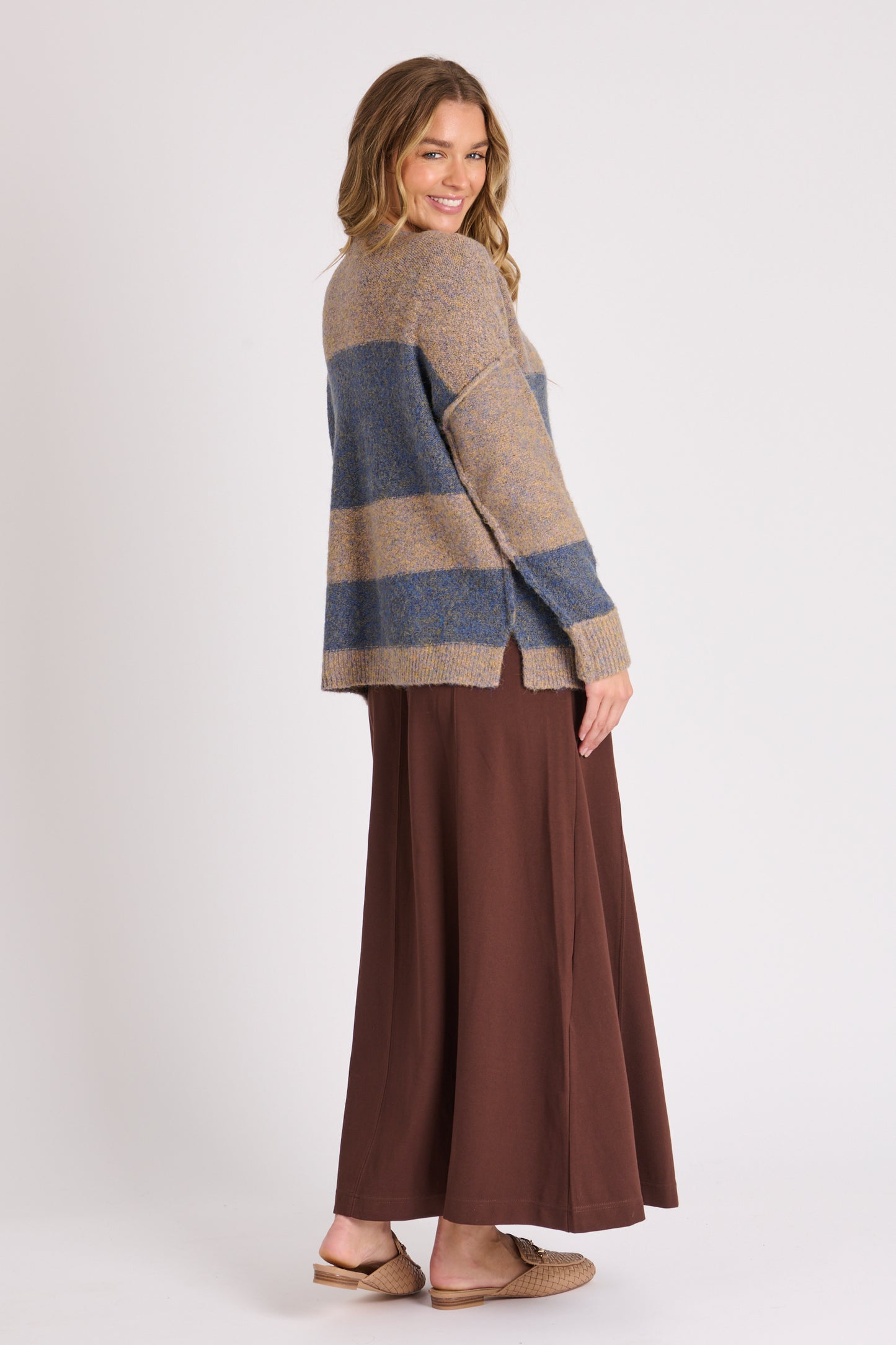 Ellis & Dewey V Neck Side Split Jumper Blue Stripe