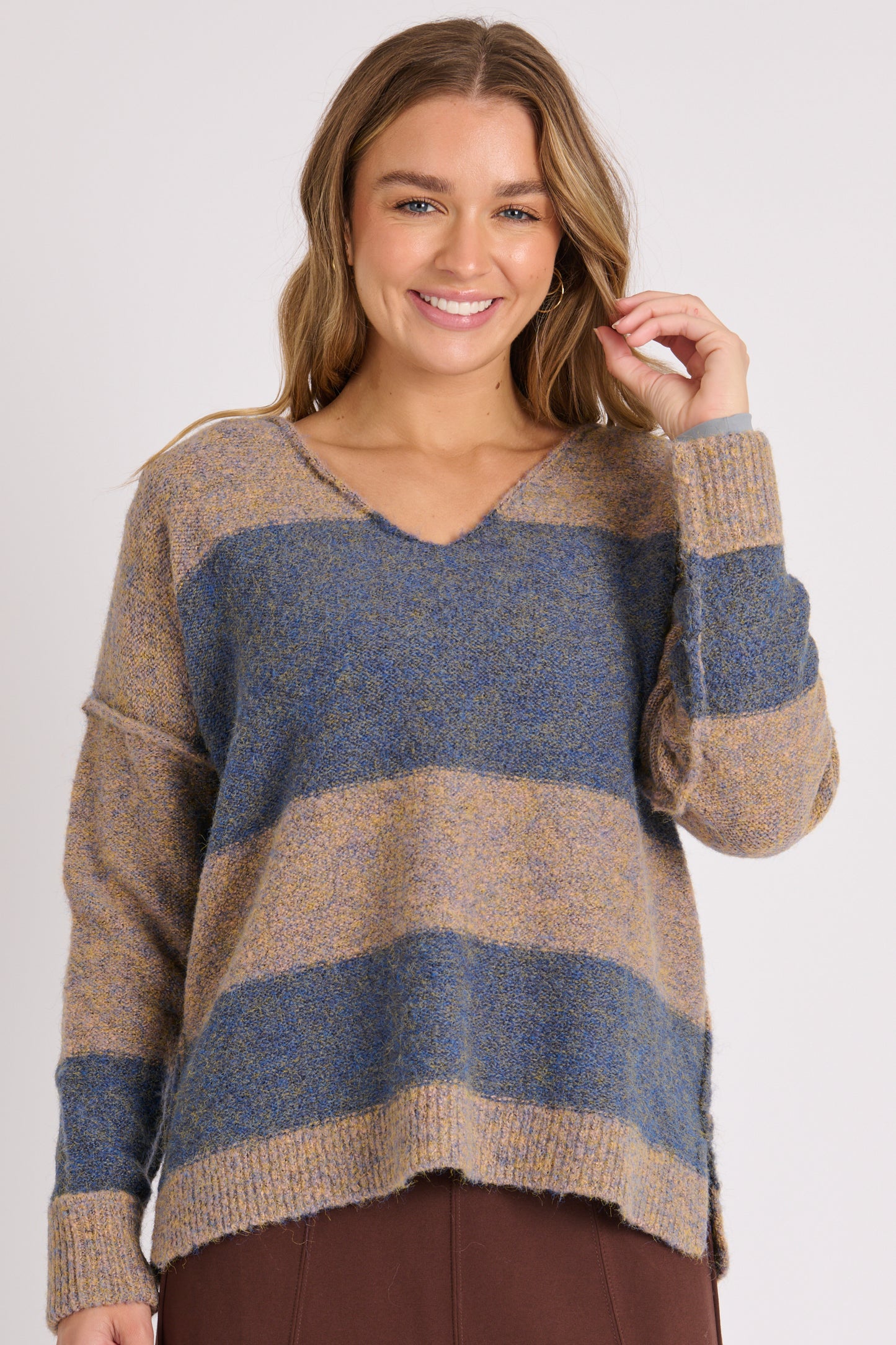 Ellis & Dewey V Neck Side Split Jumper Blue Stripe