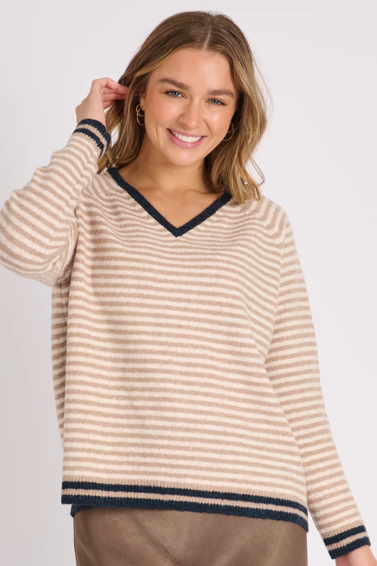 Ellis & Dewey V-Neck Raglan Jumper - Coffee Stripe