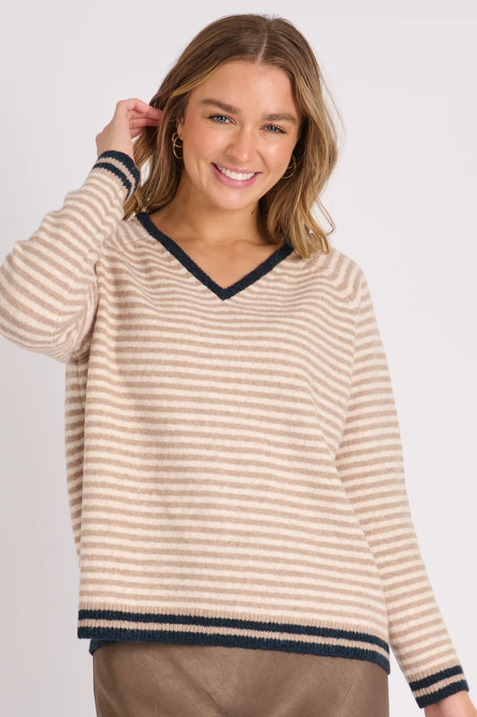 Ellis & Dewey V-Neck Raglan Jumper - Coffee Stripe
