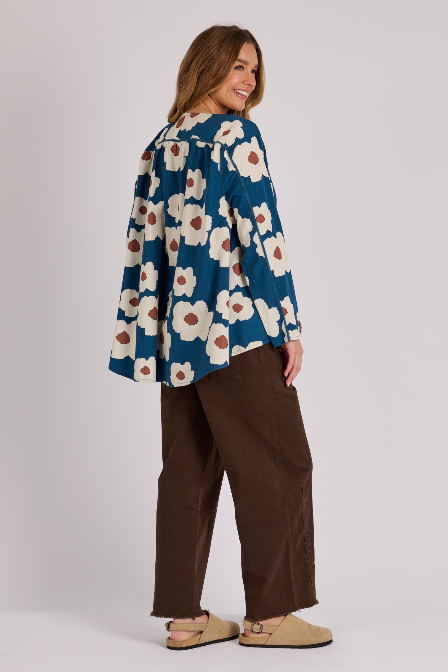 Ellis & Dewey V Neck Button Through Blouse - Blue Flowers