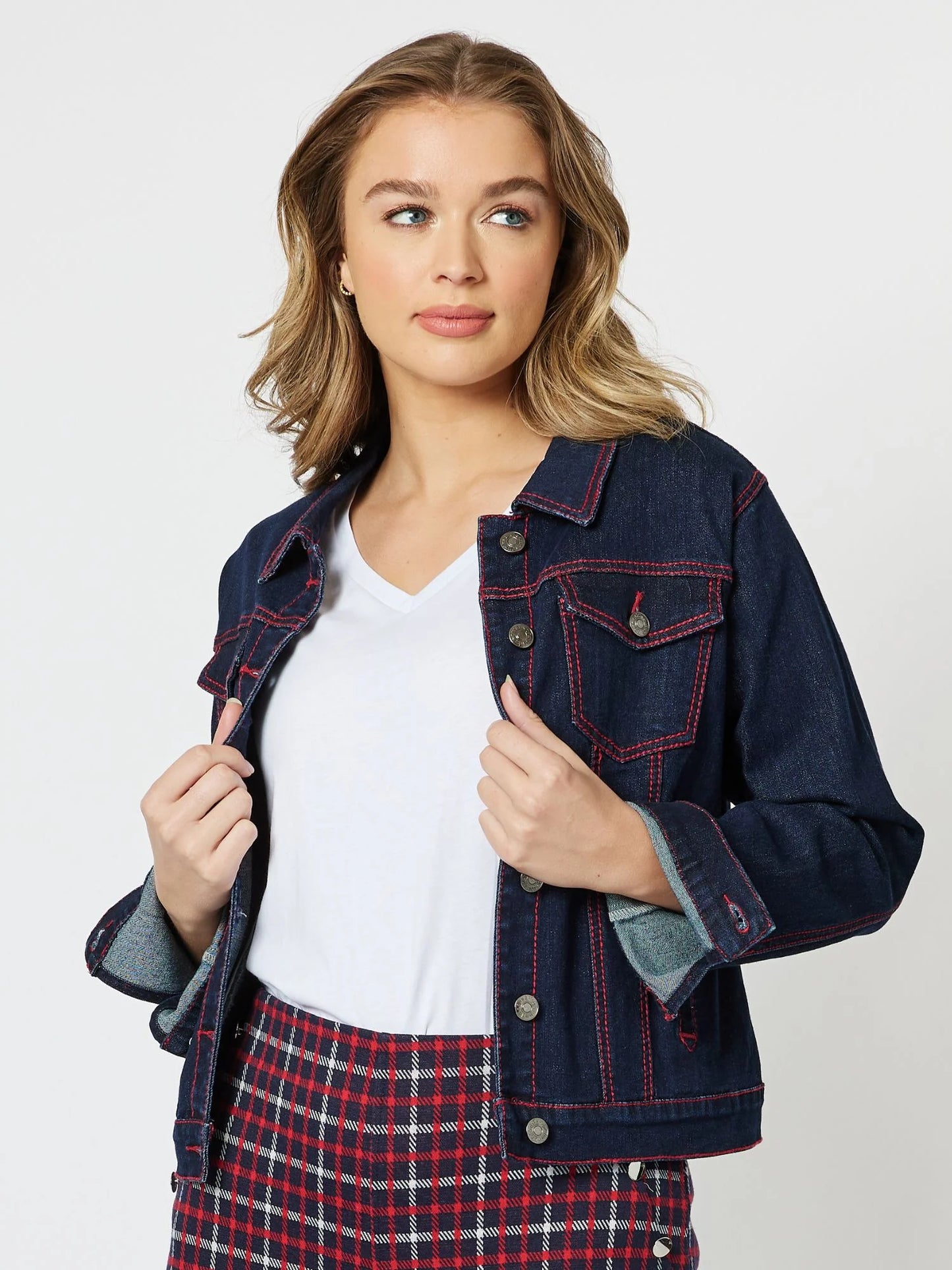 Threadz Frankie Denim Jacket - Navy/Red