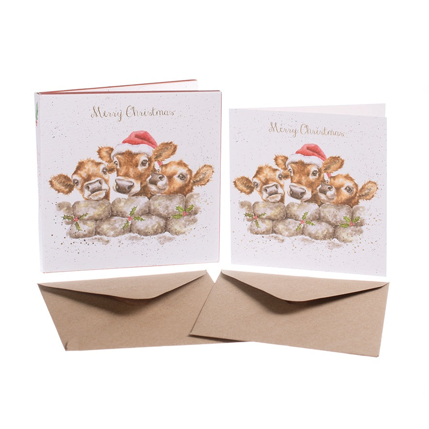 Wrendale Designs Luxury Gold Foiled Christmas Card 8 Pack - Calves