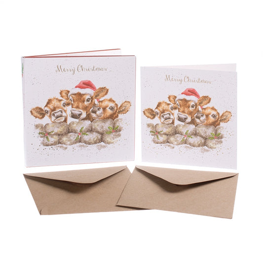 Wrendale Designs Luxury Gold Foiled Christmas Card 8 Pack - Calves
