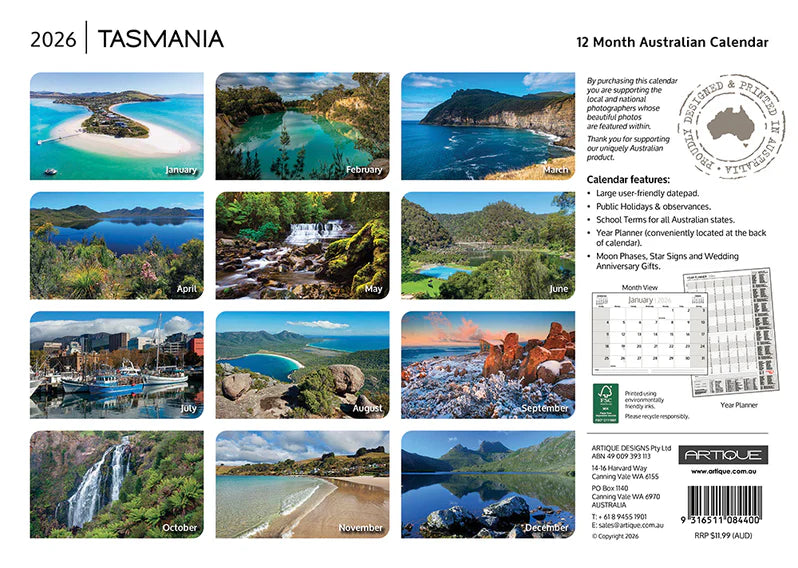 Artique Souvenir Wall Calendar 2026 Tasmania