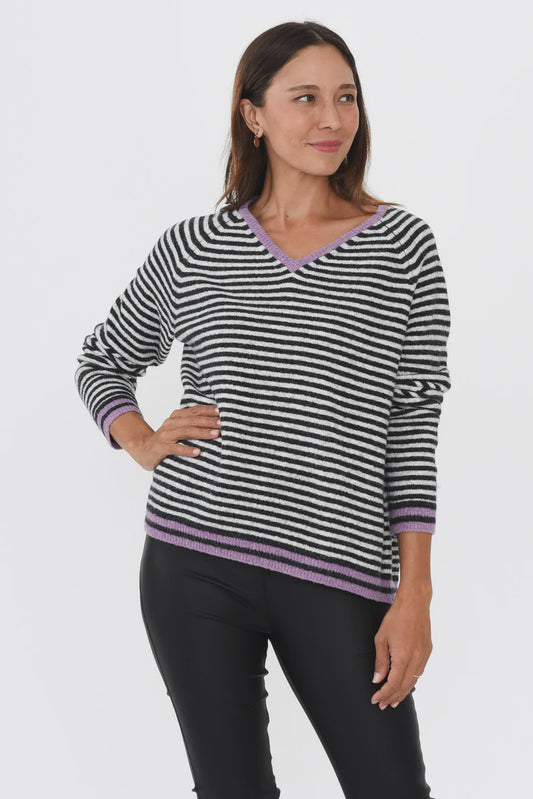 Ellis & Dewey V Neck Raglan Jumper Grey Stripe
