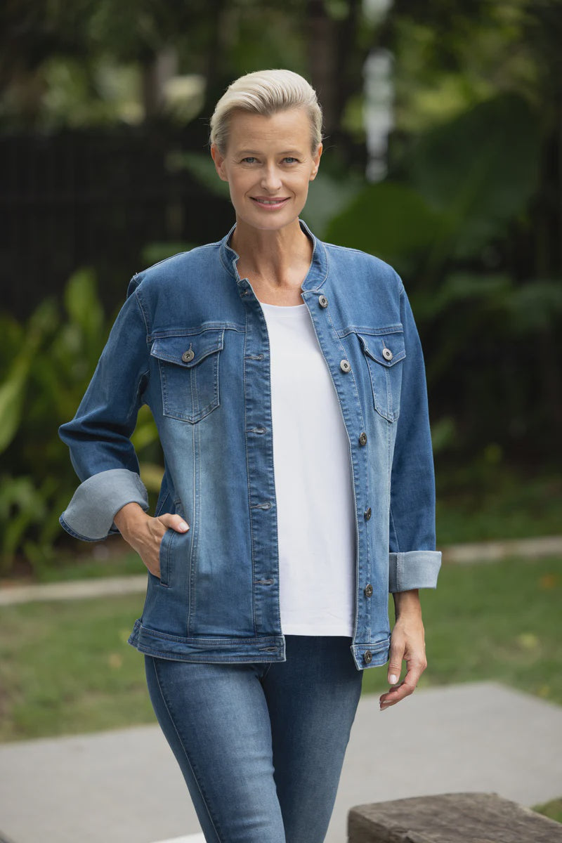Cafe Latte Mandarin Collar Denim Jacket