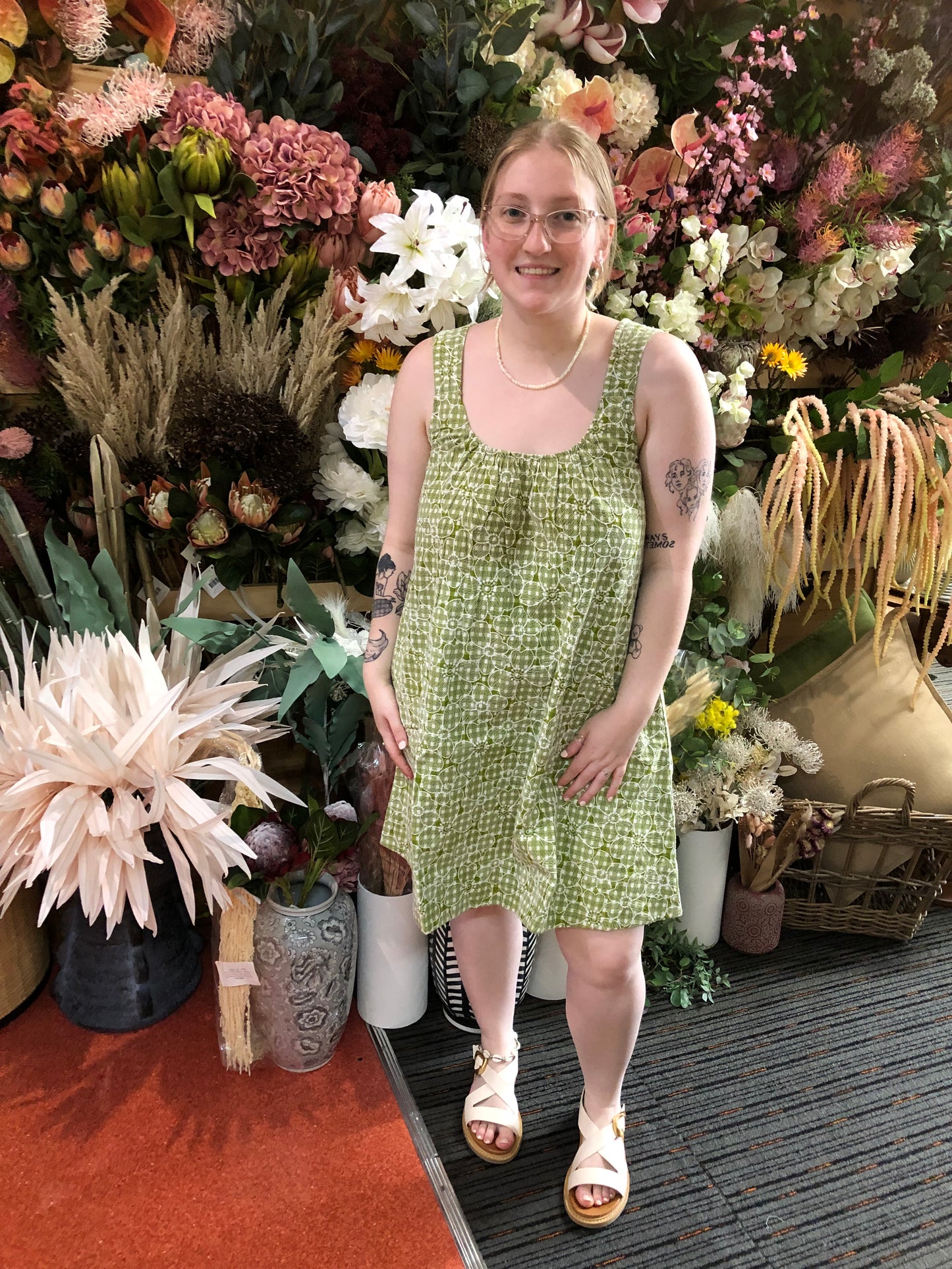 Ellis & Dewey Cross Back Detail Dress Green Floral Check