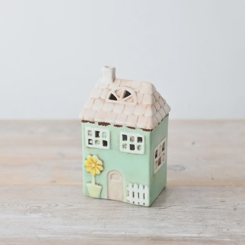 Yellow Rock Tea Light House Green With Flower