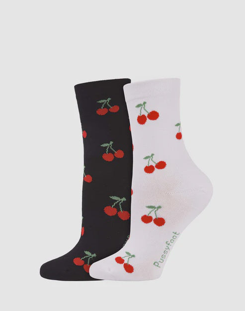 Pussyfoot Socks Comfort Crew 2 pack Cherry Pattern
