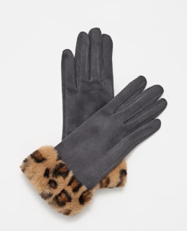 Stella + Gemma Gloves - Grey with Leopard Fur