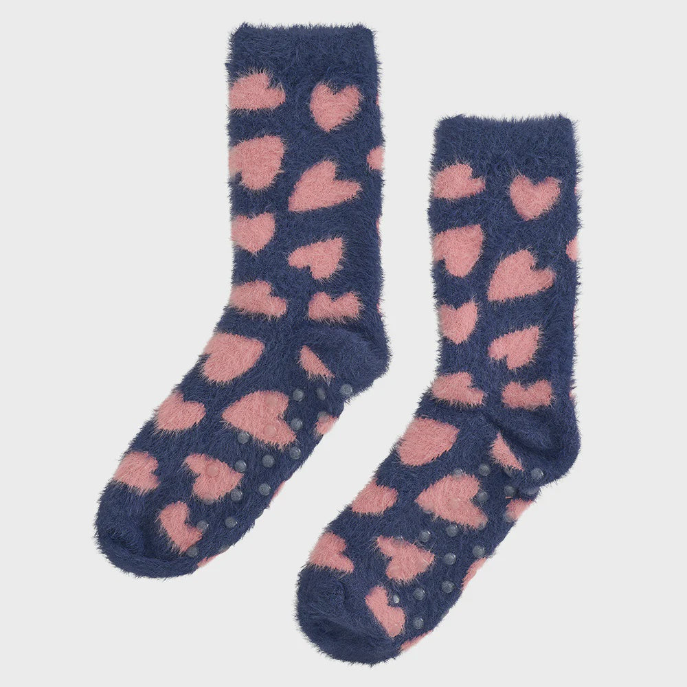 Annabel Trends Fuzzy Bed Socks - Navy Heart
