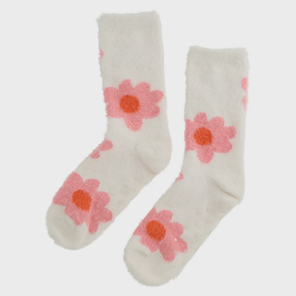 Annabel Trends Fuzzy Bed Socks - Big Pink Flower