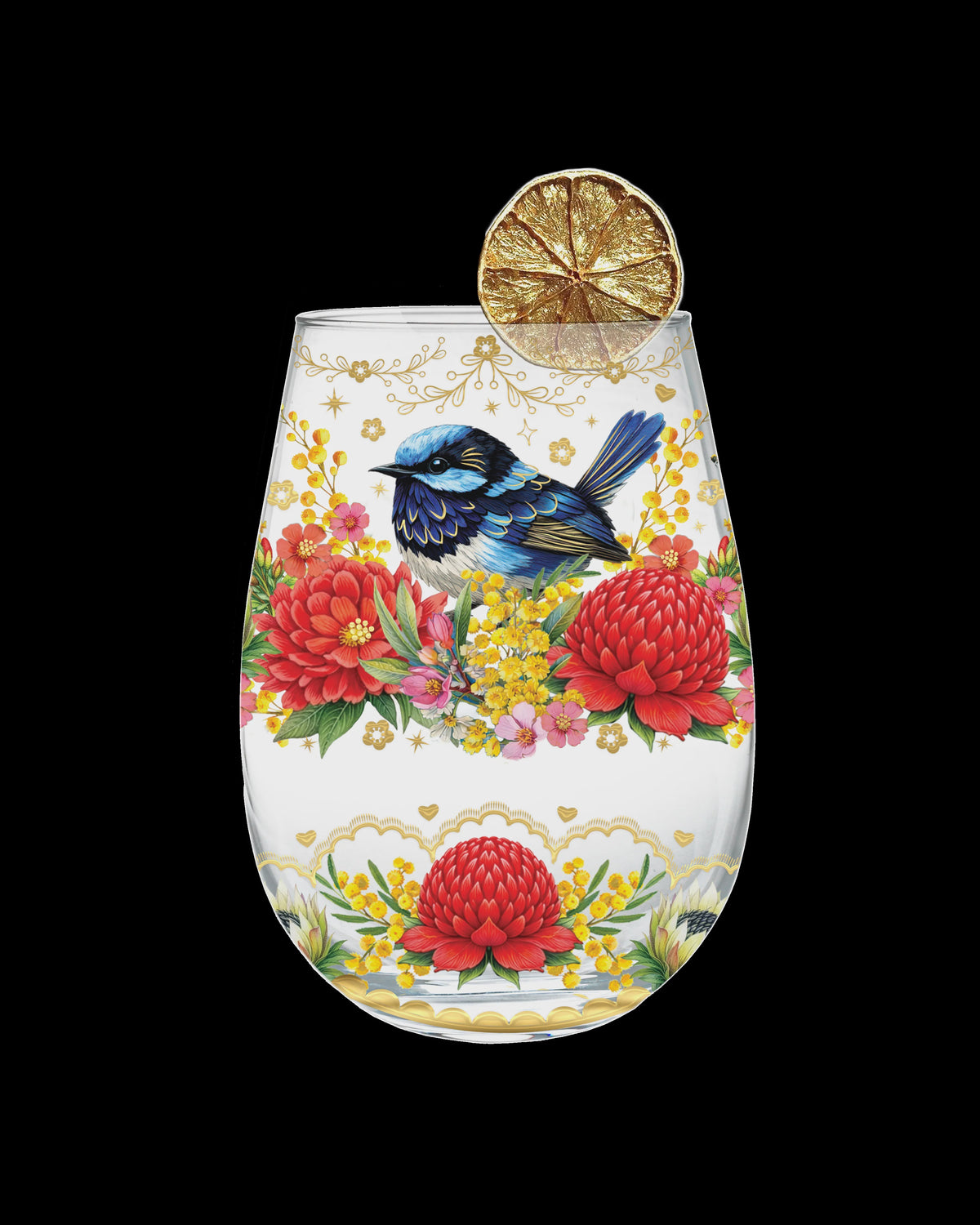 Lisa Pollock Golden Glamour Stemless Glass - Floral Fairy Wrens