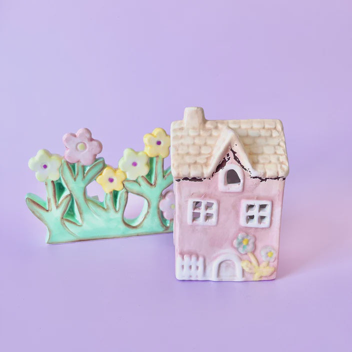 Yellow Rock Tea Light Pink House With Flower