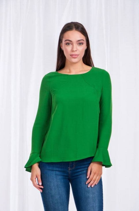 Caroline Morgan Fluted Long Sleeve Blouse Emerald