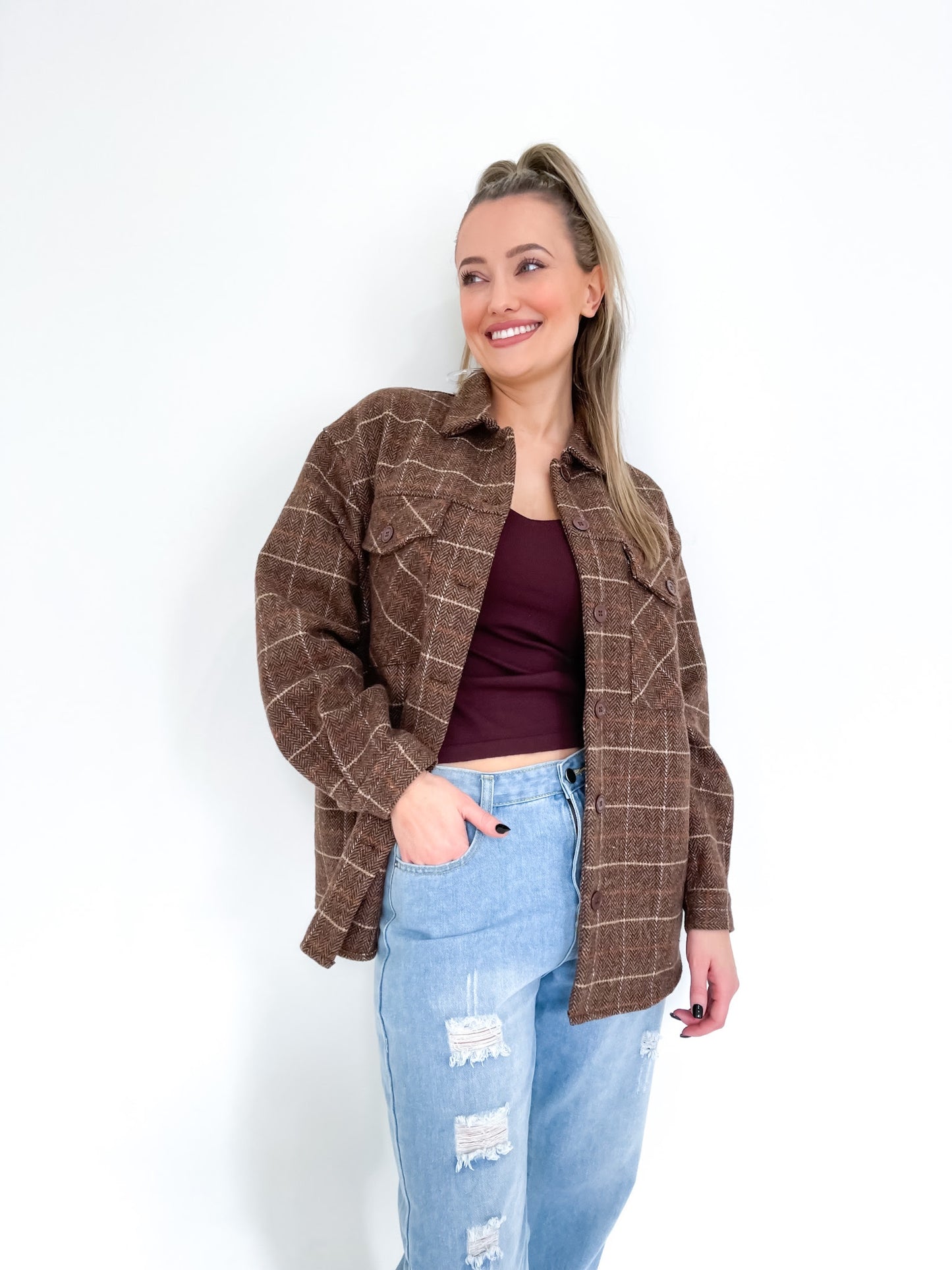 Fria Earthy Check Shacket - Chocolate