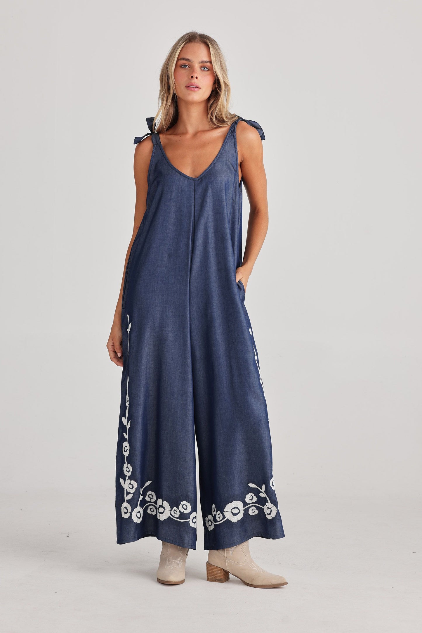Talisman Temple Jumpsuit Denim With Embroidery