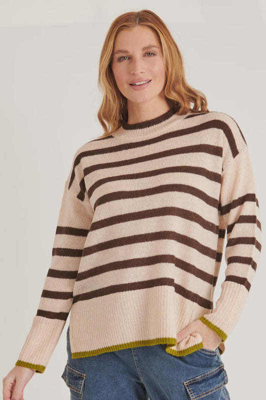 Ellis & Dewey Mock Neck Jumper Pink & Brown Stripe