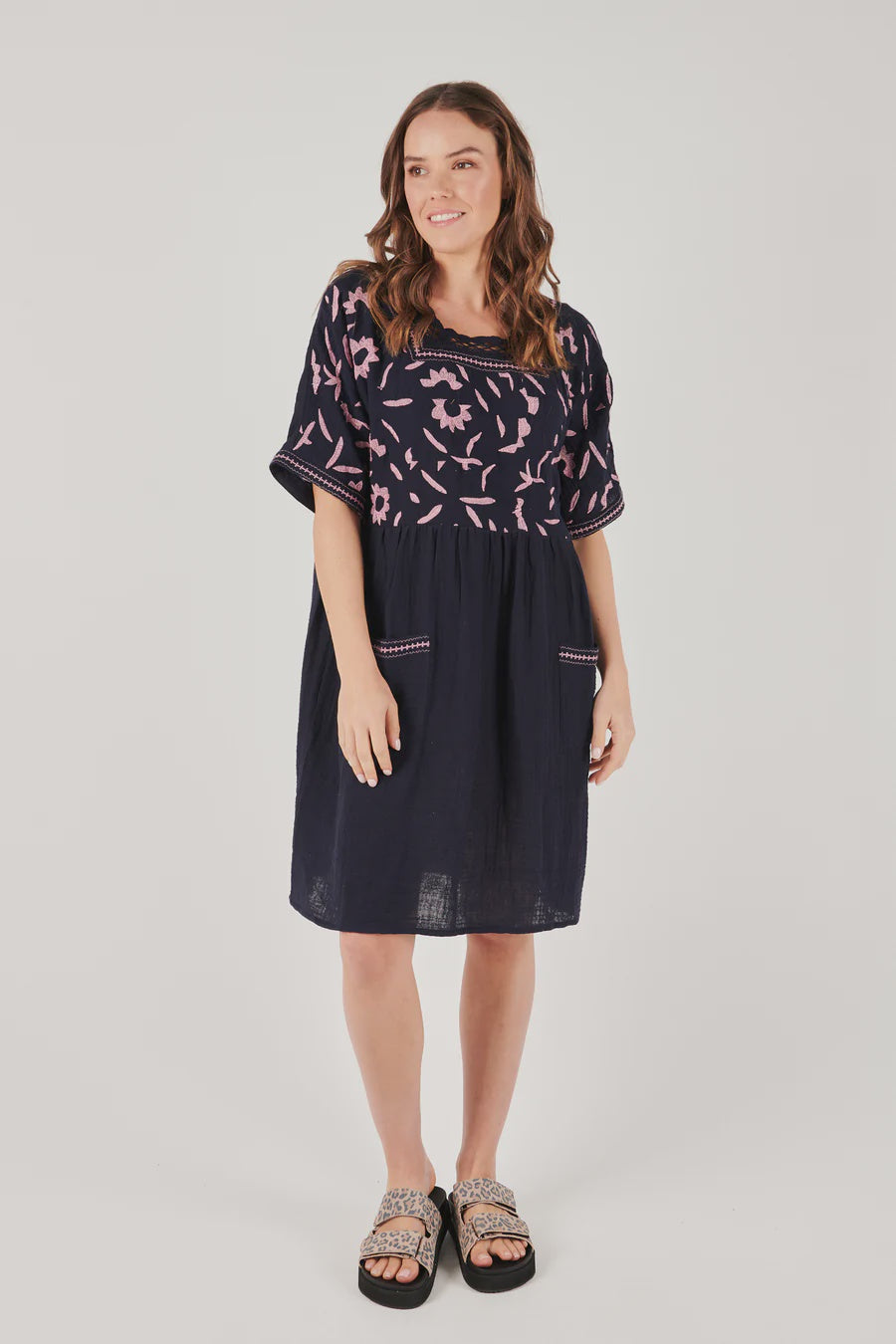 Ellis & Dewey Square Neck Patch Pocket Dress Navy
