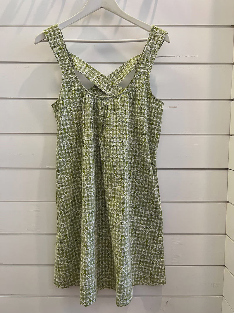 Ellis & Dewey Cross Back Detail Dress Green Floral Check