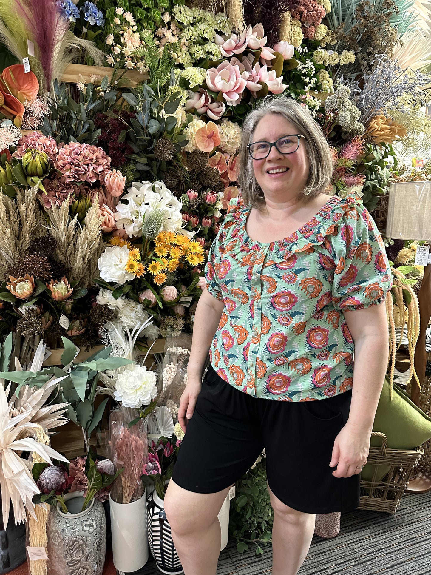 Ellis & Dewey Ruffle Detail Button Through Blouse Mint Leafy Floral