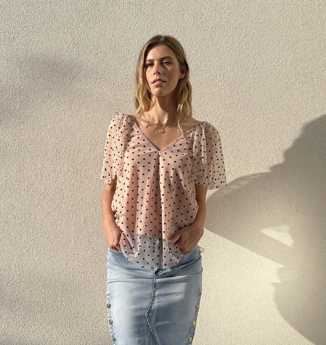 Fria Mesh Polkadot Flattering Top