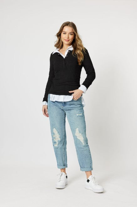 Threadz Henley Rib L/S Tee Black