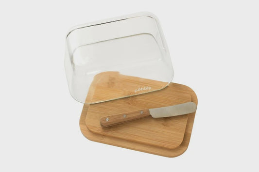 Pebbly Glass Butter Dish With Bamboo Butter Knife