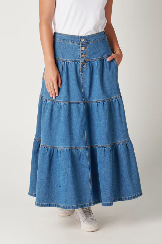 OTW Tiered Maxi Denim Skirt - Mid Blue