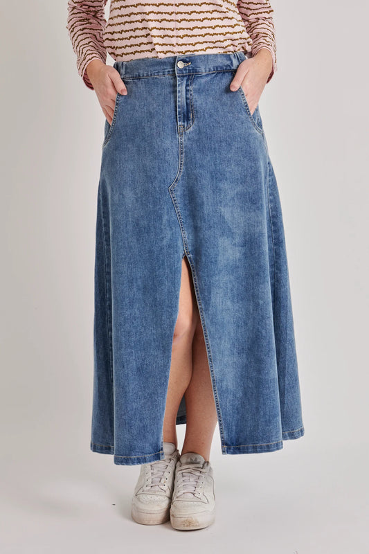 OTW Front Split Denim Maxi Skirt - Mid Blue