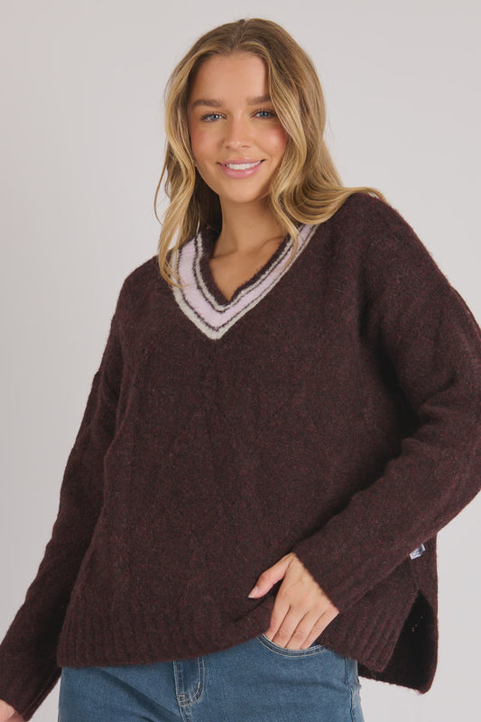 OneTen Willow V Neck Jumper Dark Cherry
