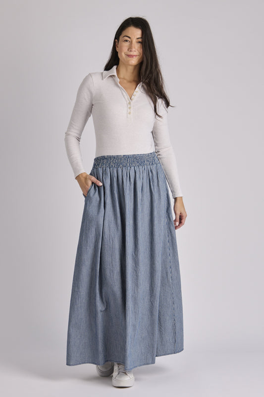 onetenwillow Shirred Waist Skirt - Blue Stripe