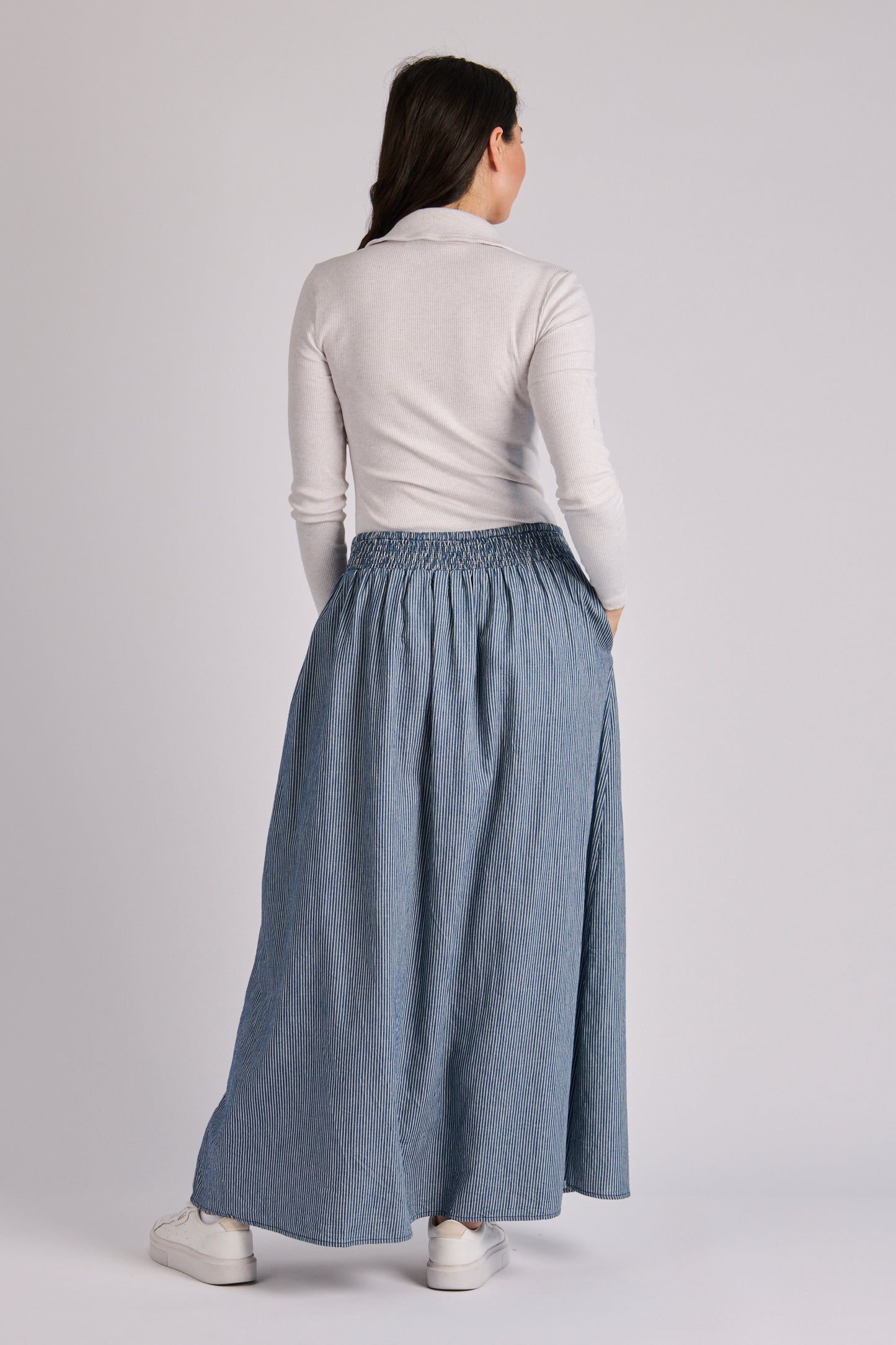onetenwillow Shirred Waist Skirt - Blue Stripe