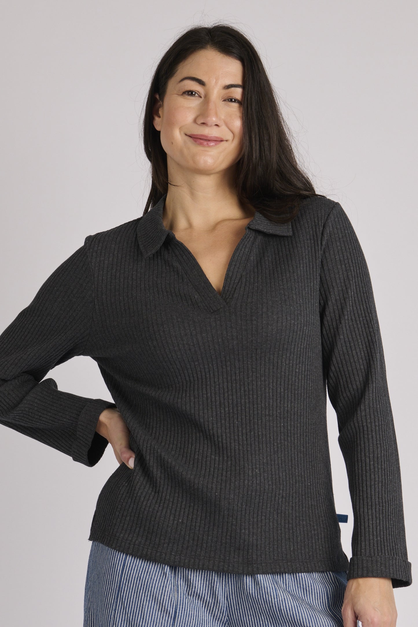 onetenwillow Longsleeve Collared Rib Tee - Black Marle