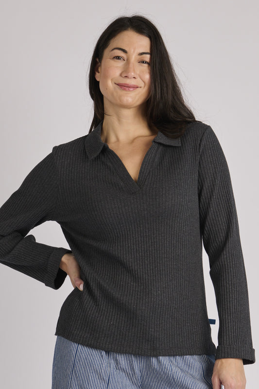 onetenwillow Longsleeve Collared Rib Tee - Black Marle