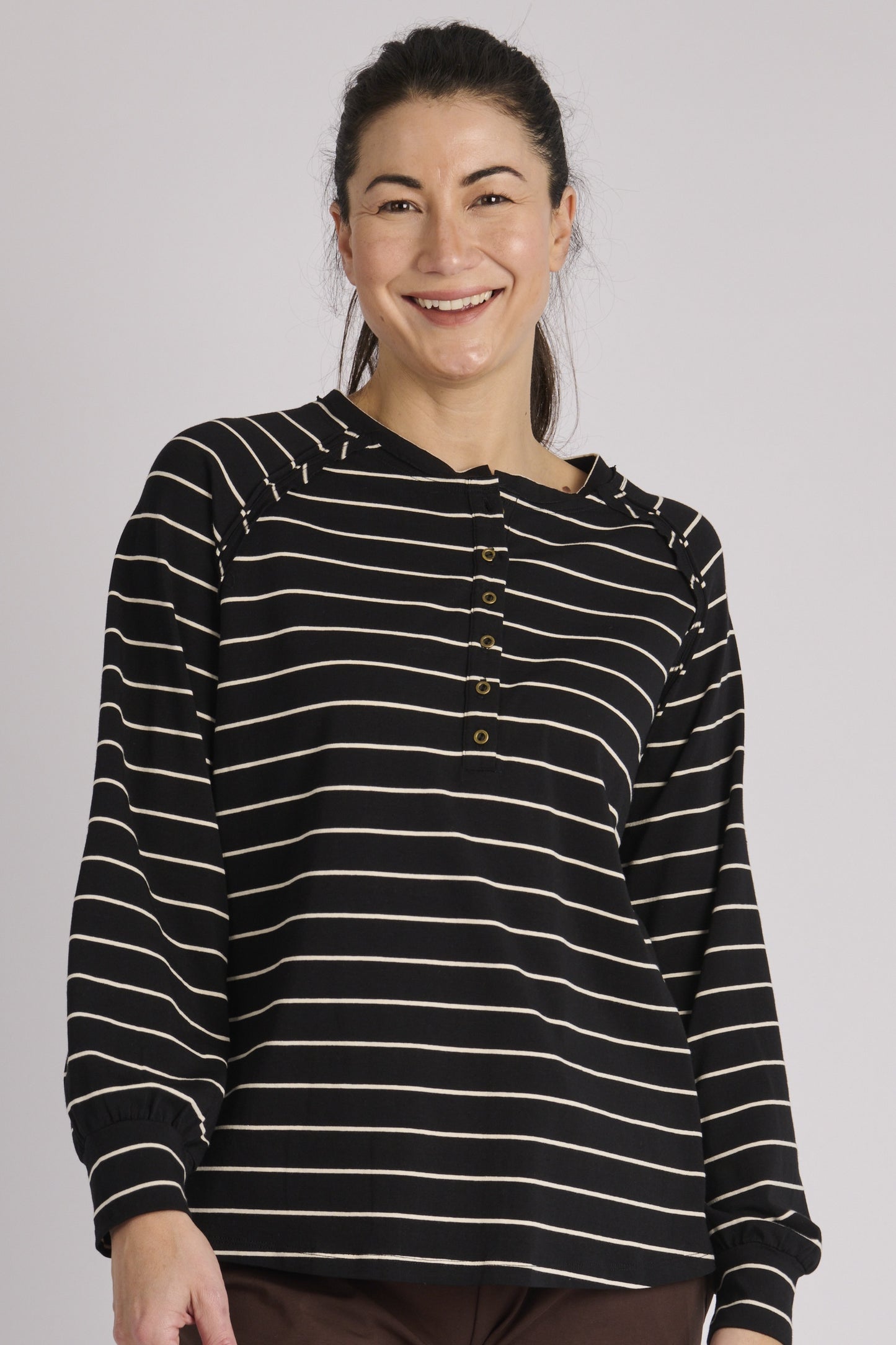 onetenwillow Relaxed Henley Long Sleeve Tee - Black/Ecru Stripe