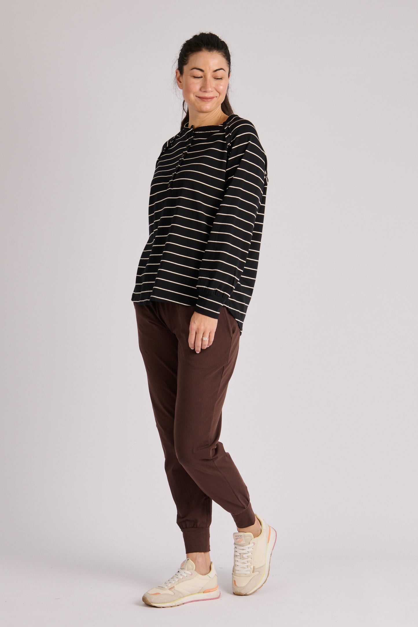 onetenwillow Relaxed Henley Long Sleeve Tee - Black/Ecru Stripe
